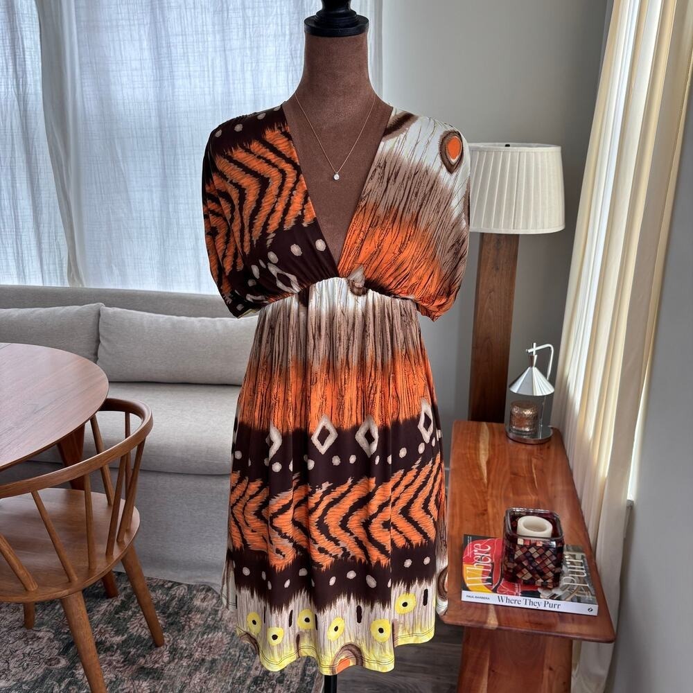 Y2K Vintage Trac USA Empire Waist Summer Mini Dress Bohemian Print 2000s Small
